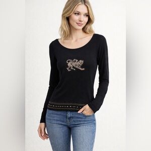 NWT Parasuco Studded Leopard Long Sleeve Top Open Back Black Y2K Size S